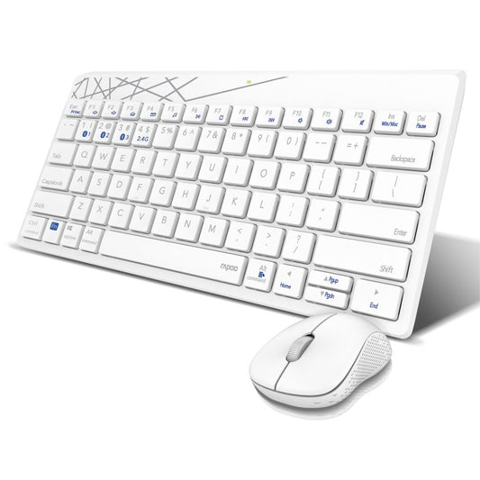 Rapoo 8000M Multi-Mode Keyboard & Mouse Bluetooth 3.0/4.0 Wireless 2.4 GHz 1300 DPI Combo, 3 Years Warranty -White