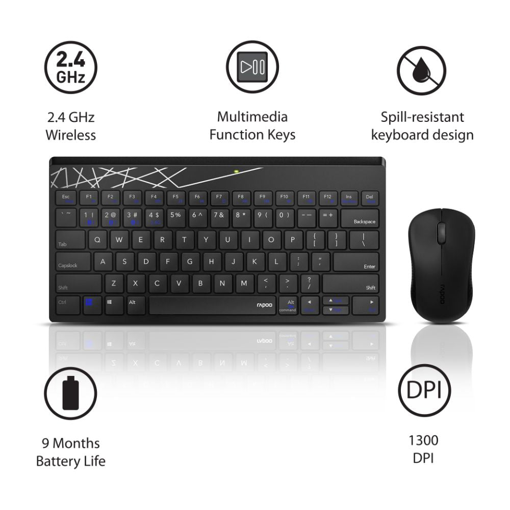 Rapoo 8000M Multi-Mode Keyboard & Mouse Bluetooth 3.0/4.0 Wireless 2.4 GHz 1300 DPI Combo, 3 Years Warranty -Black
