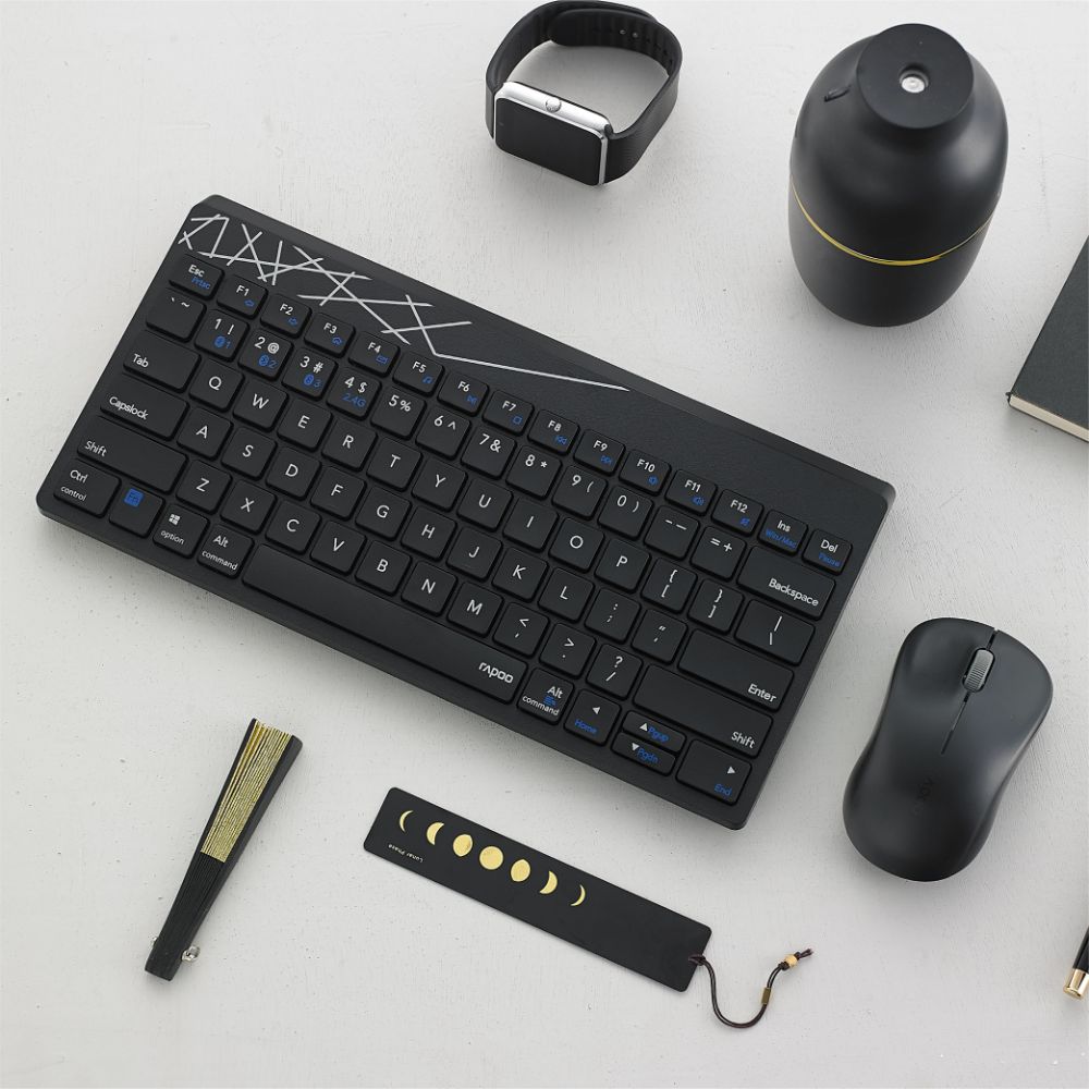 Rapoo 8000M Multi-Mode Keyboard & Mouse Bluetooth 3.0/4.0 Wireless 2.4 GHz 1300 DPI Combo, 3 Years Warranty -Black