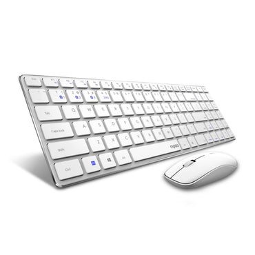 Rapoo 9300m Multi-Device Bluetooth + 2.4Ghz Wireless Keyboard & Mouse Combo Ultra Slim Design, Spill-Resistant, Anodized Aluminum Body Compatible with Windows/PC/Chromebook, 3 Years Warranty - White