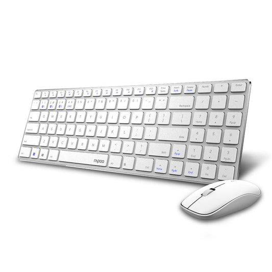 Rapoo 9300m Multi-Device Bluetooth + 2.4Ghz Wireless Keyboard & Mouse Combo Ultra Slim Design, Spill-Resistant, Anodized Aluminum Body Compatible with Windows/PC/Chromebook, 3 Years Warranty - White