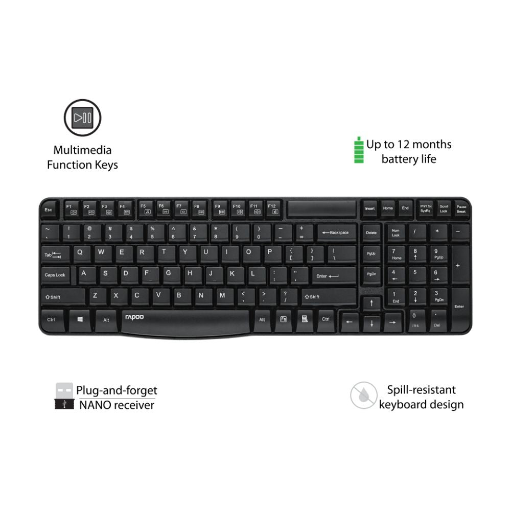 Rapoo E1050 2.4GHz Wireless Optical Keyboard, 10 Meter Transmission Range, Spill-resistant Design, 1000 DPI Mouse, Fn Keys, 12 Multimedia Functions, 3 Years Warranty - Black