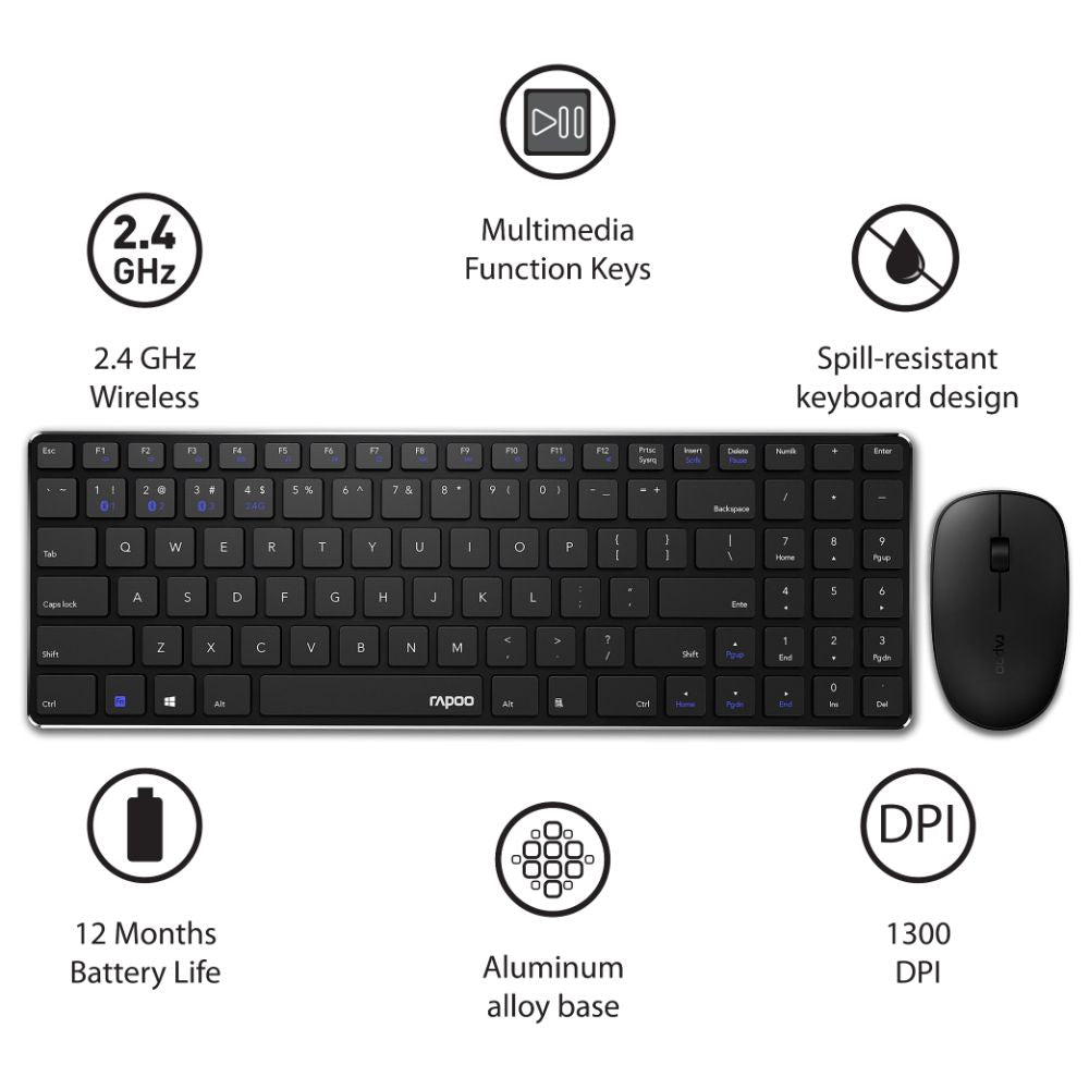 Rapoo 9300m Multi-Device Bluetooth + 2.4Ghz Wireless Keyboard & Mouse Combo Ultra Slim Design, Spill-Resistant, Anodized Aluminum Body Compatible with Windows/PC/Chromebook, 3 Years Warranty - Black