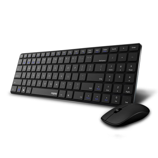 Rapoo 9300m Multi-Device Bluetooth + 2.4Ghz Wireless Keyboard & Mouse Combo Ultra Slim Design, Spill-Resistant, Anodized Aluminum Body Compatible with Windows/PC/Chromebook, 3 Years Warranty - Black