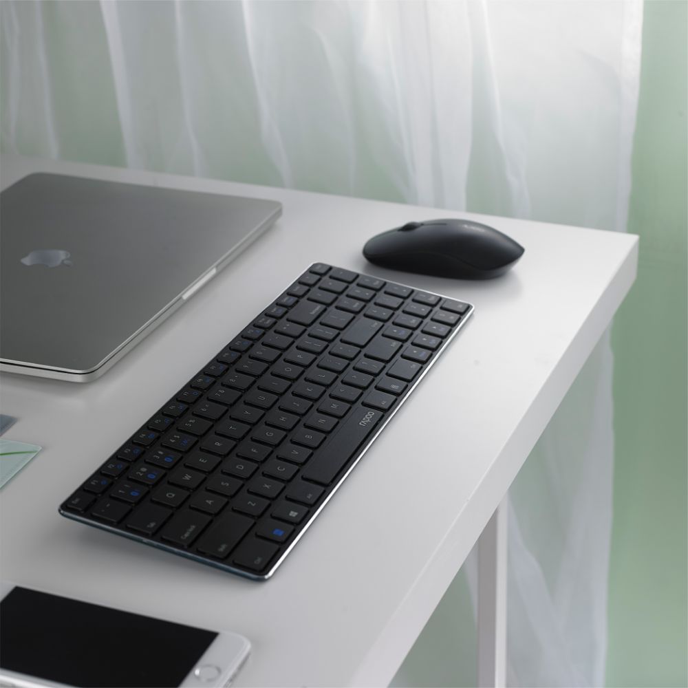 Rapoo 9300m Multi-Device Bluetooth + 2.4Ghz Wireless Keyboard & Mouse Combo Ultra Slim Design, Spill-Resistant, Anodized Aluminum Body Compatible with Windows/PC/Chromebook, 3 Years Warranty - Black