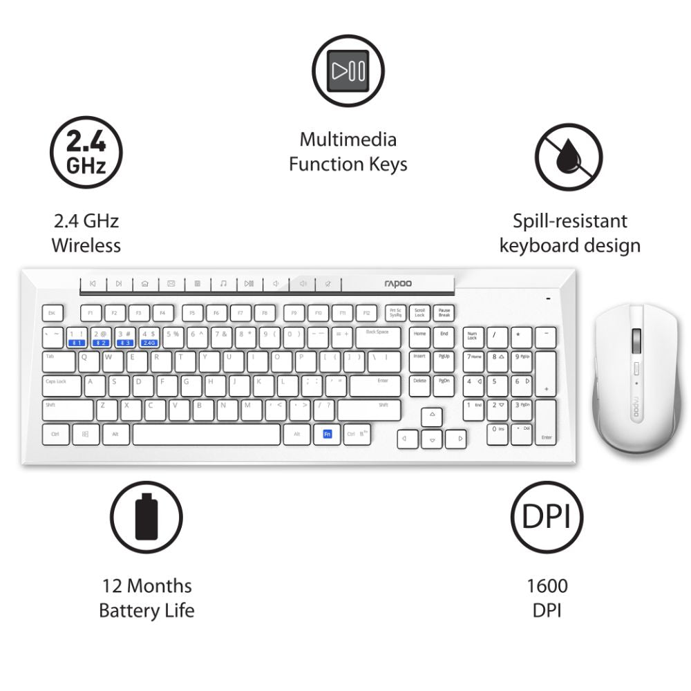 Rapoo 8210M Multi-Mode Keyboard & Mouse Bluetooth 3.0/4.0 Wireless 2.4 GHz 1300 DPI Combo- White