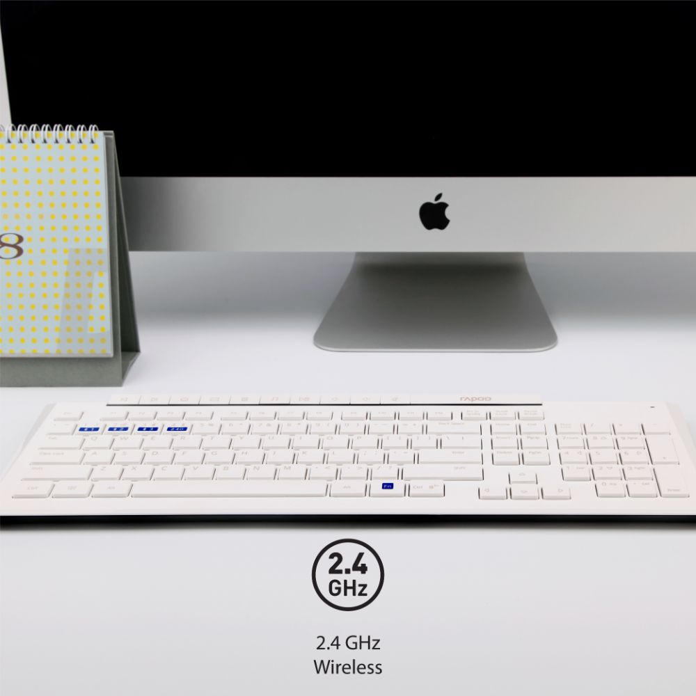 Rapoo 8210M Multi-Mode Keyboard & Mouse Bluetooth 3.0/4.0 Wireless 2.4 GHz 1300 DPI Combo- White