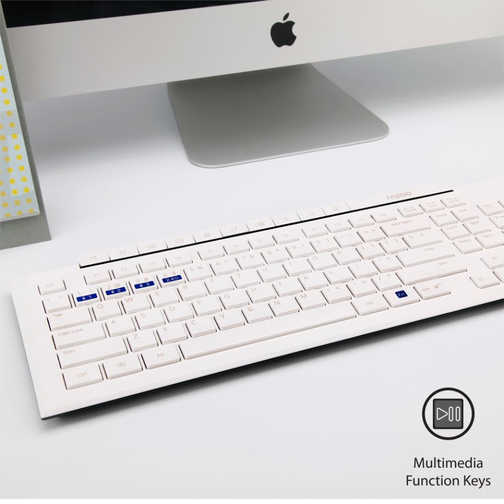 Rapoo 8210M Multi-Mode Keyboard & Mouse Bluetooth 3.0/4.0 Wireless 2.4 GHz 1300 DPI Combo- White