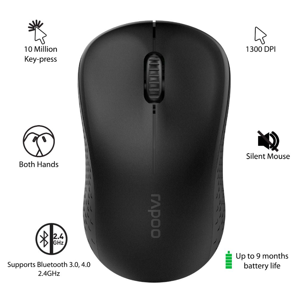 RAPOO M160 Multimode (Bluetooth) 3.0 4.0 & wireless 2.4 GHz with USB Nano Receiver,1300PI Optical Tracking, Ambidextrous.