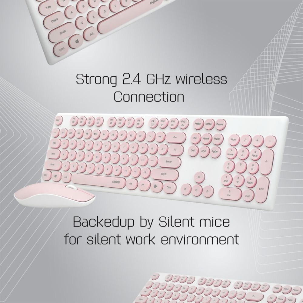Rapoo X260 Wireless Keyboard and Mouse Combo set 2.4 Ghz with Type Writer Key- Pink