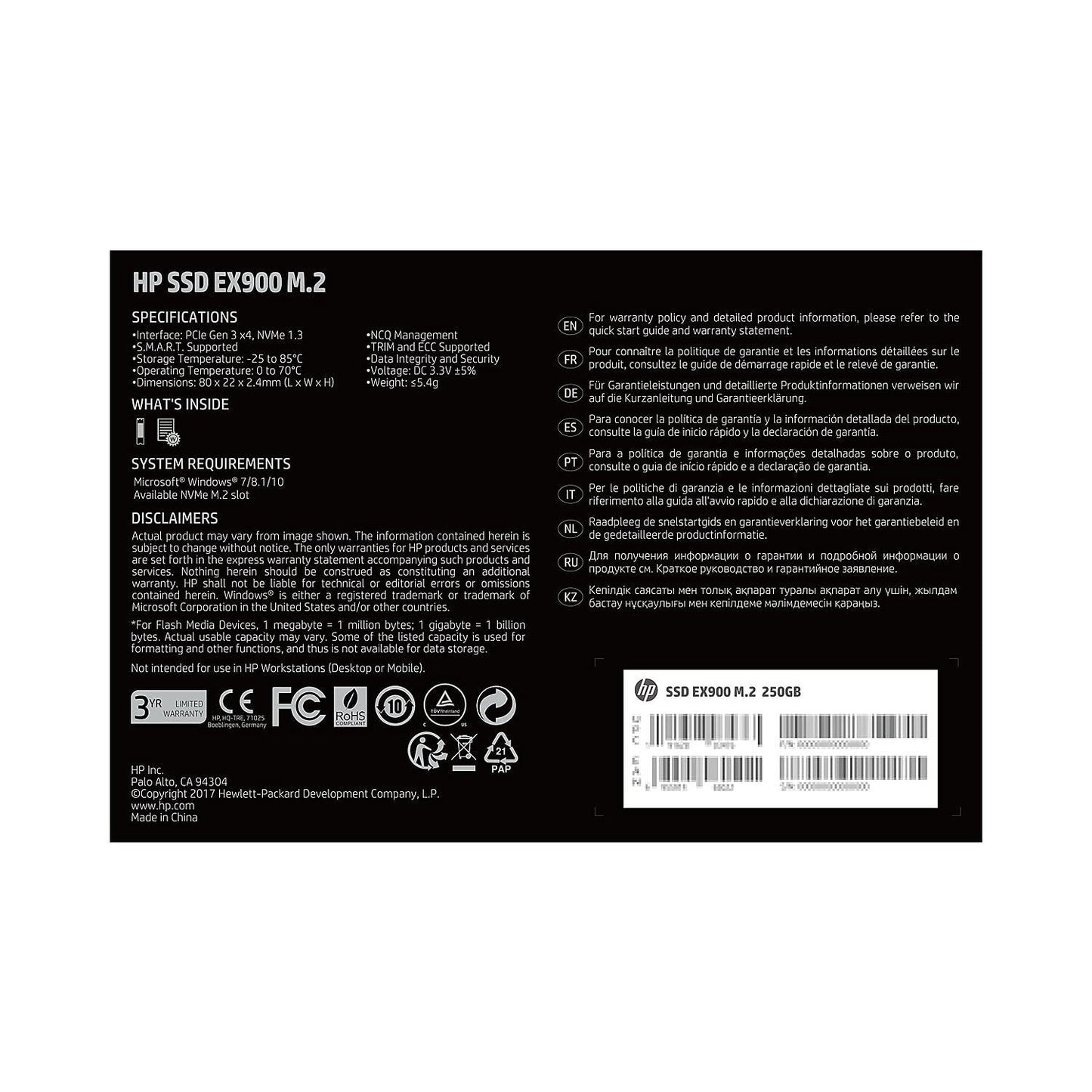 HP EX900 M.2 250GB PCIe 3.0 x4 NVMe 3D TLC NAND Internal Solid State Drive (SSD)-2YY43AA