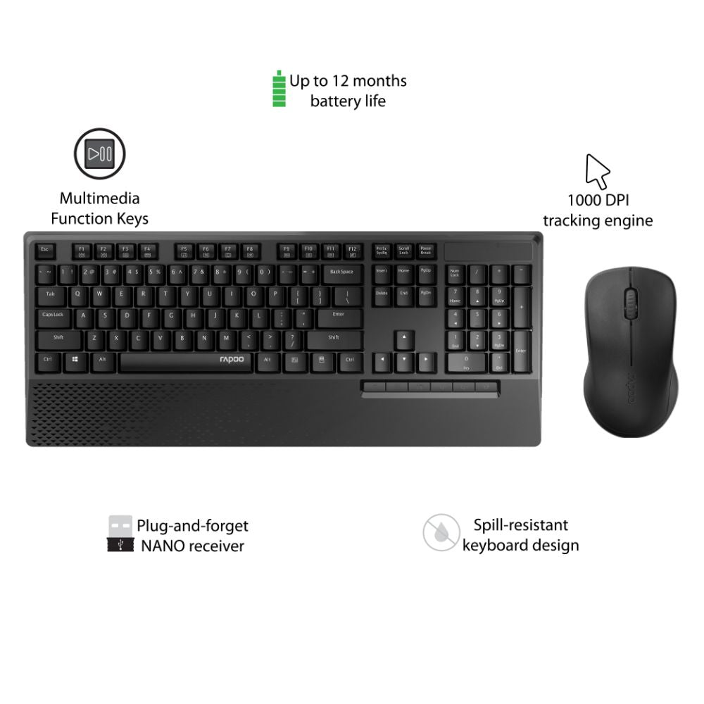 Rapoo X1960 Wireless Optical Mouse & Keyboard Spill Resistance Multimedia Hotkeys 1000DPI Black