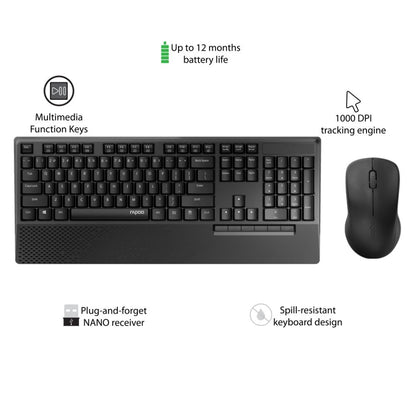 Rapoo X1960 Wireless Optical Mouse & Keyboard Spill Resistance Multimedia Hotkeys 1000DPI Black
