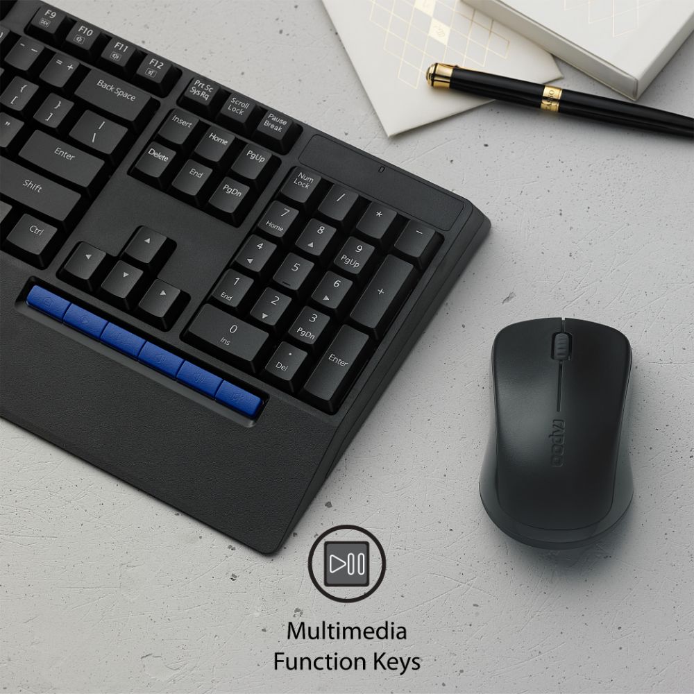 Rapoo X1960 Wireless Optical Mouse & Keyboard Spill Resistance Multimedia Hotkeys 1000DPI Black