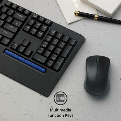 Rapoo X1960 Wireless Optical Mouse & Keyboard Spill Resistance Multimedia Hotkeys 1000DPI Black