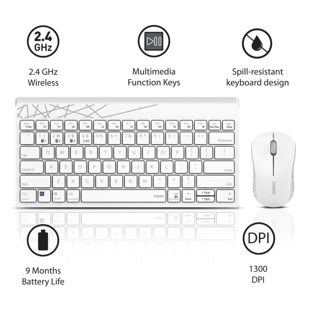 Rapoo 8000M Multi-Mode Keyboard & Mouse Bluetooth 3.0/4.0 Wireless 2.4 GHz 1300 DPI Combo, 3 Years Warranty -White