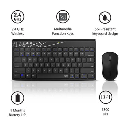 Rapoo 8000M Multi-Mode Keyboard & Mouse Bluetooth 3.0/4.0 Wireless 2.4 GHz 1300 DPI Combo, 3 Years Warranty -Black