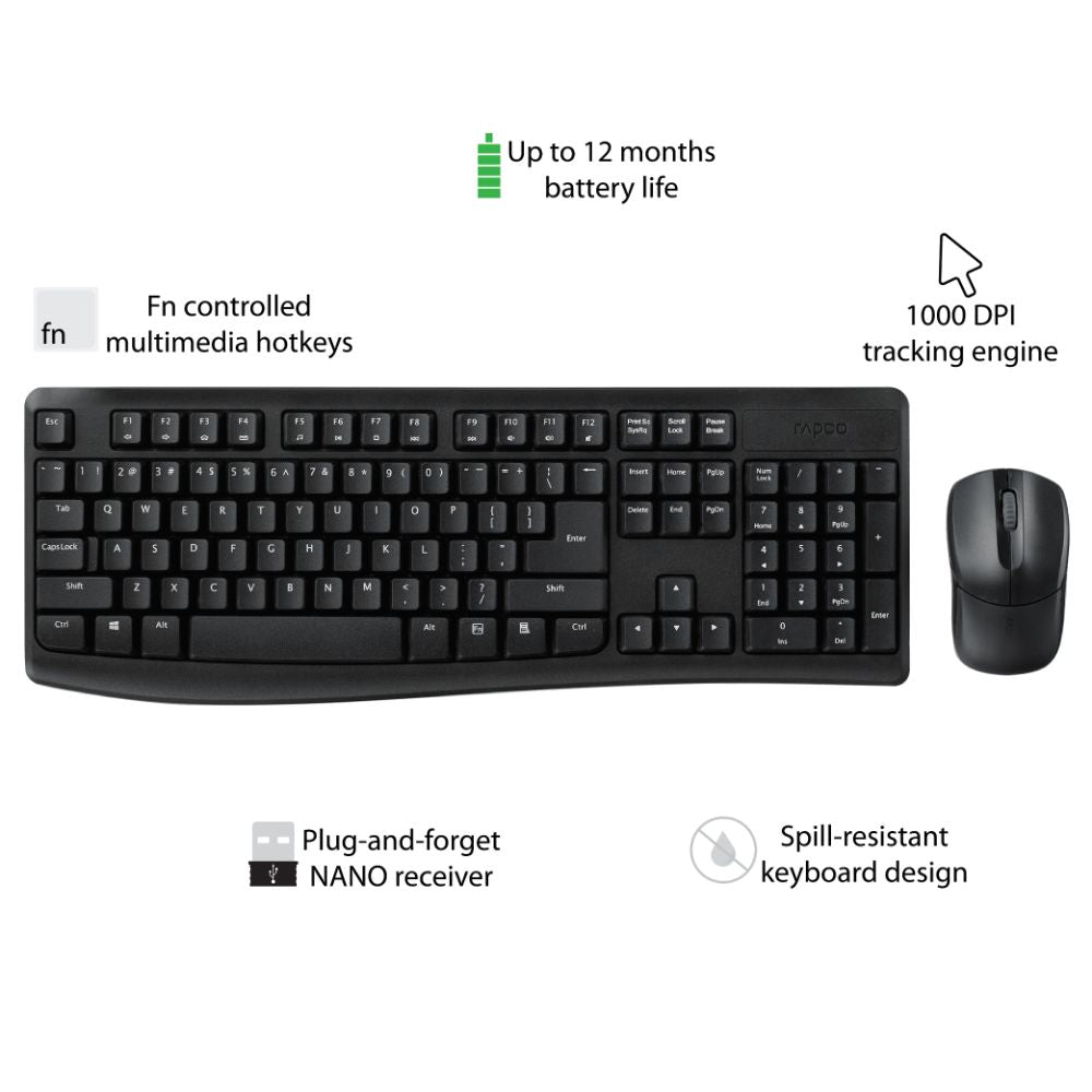 Rapoo X1800Pro 2.4G Wireless Keyboard and Mouse Combo with Spill-resistant and Multimedia hotkeys Design for Laptops Desktops PC