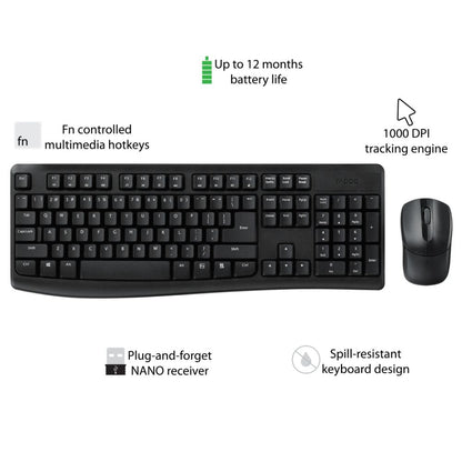Rapoo X1800Pro 2.4G Wireless Keyboard and Mouse Combo with Spill-resistant and Multimedia hotkeys Design for Laptops Desktops PC