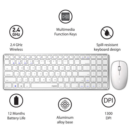 Rapoo 9300m Multi-Device Bluetooth + 2.4Ghz Wireless Keyboard & Mouse Combo Ultra Slim Design, Spill-Resistant, Anodized Aluminum Body Compatible with Windows/PC/Chromebook, 3 Years Warranty - White