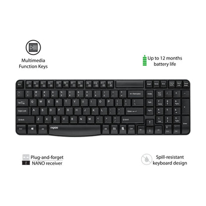 Rapoo E1050 2.4GHz Wireless Optical Keyboard, 10 Meter Transmission Range, Spill-resistant Design, 1000 DPI Mouse, Fn Keys, 12 Multimedia Functions, 3 Years Warranty - Black