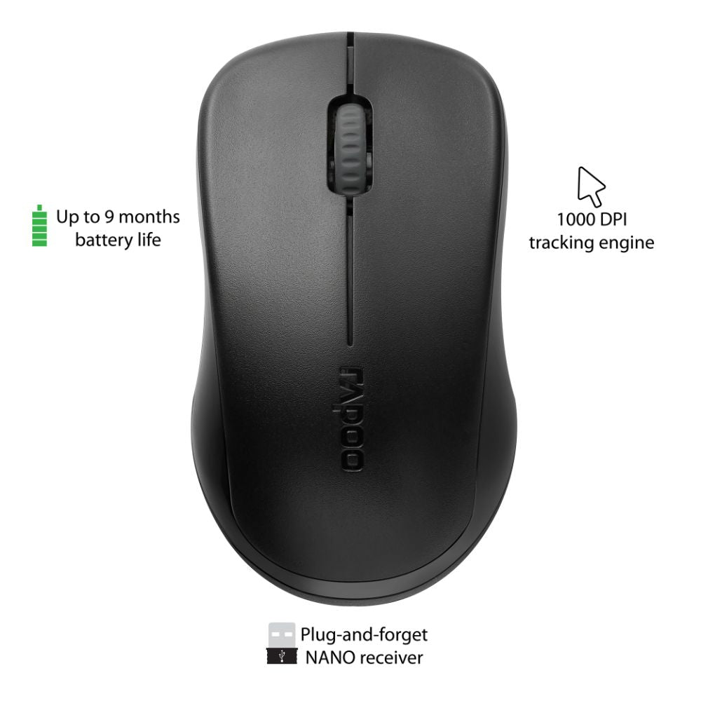 RAPOO 1620 wireless Mouse , 2.4 GHz with USB Nano Receiver, Optical Tracking, Ambidextrous, PC/Mac/Laptop - Black