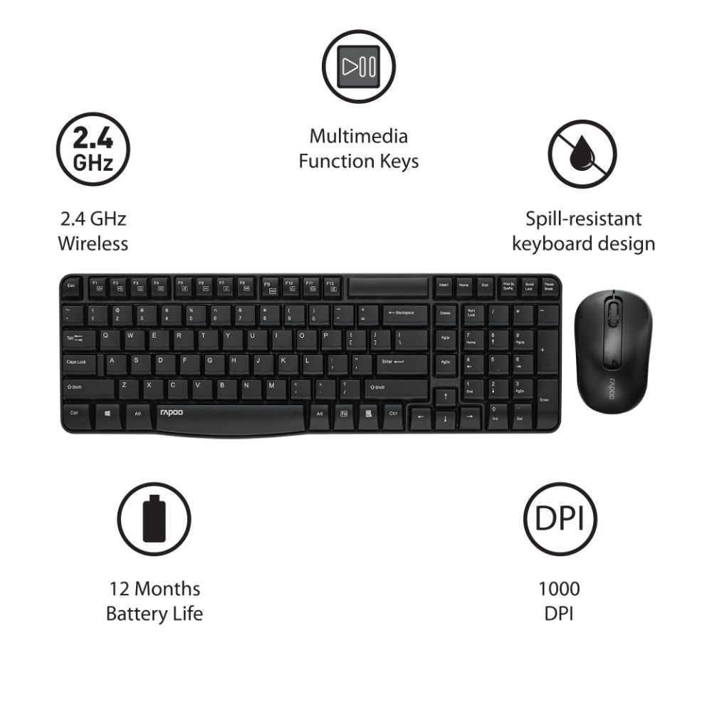 Rapoo X1800S 2.4GHz Wireless Optical Keyboard & Mouse Combo, 10 Meter Transmission Range, Spill-resistant Design, 1000 DPI Mouse, Fn Keys, 12 Multimedia Functions, 3 Years Warranty - Black