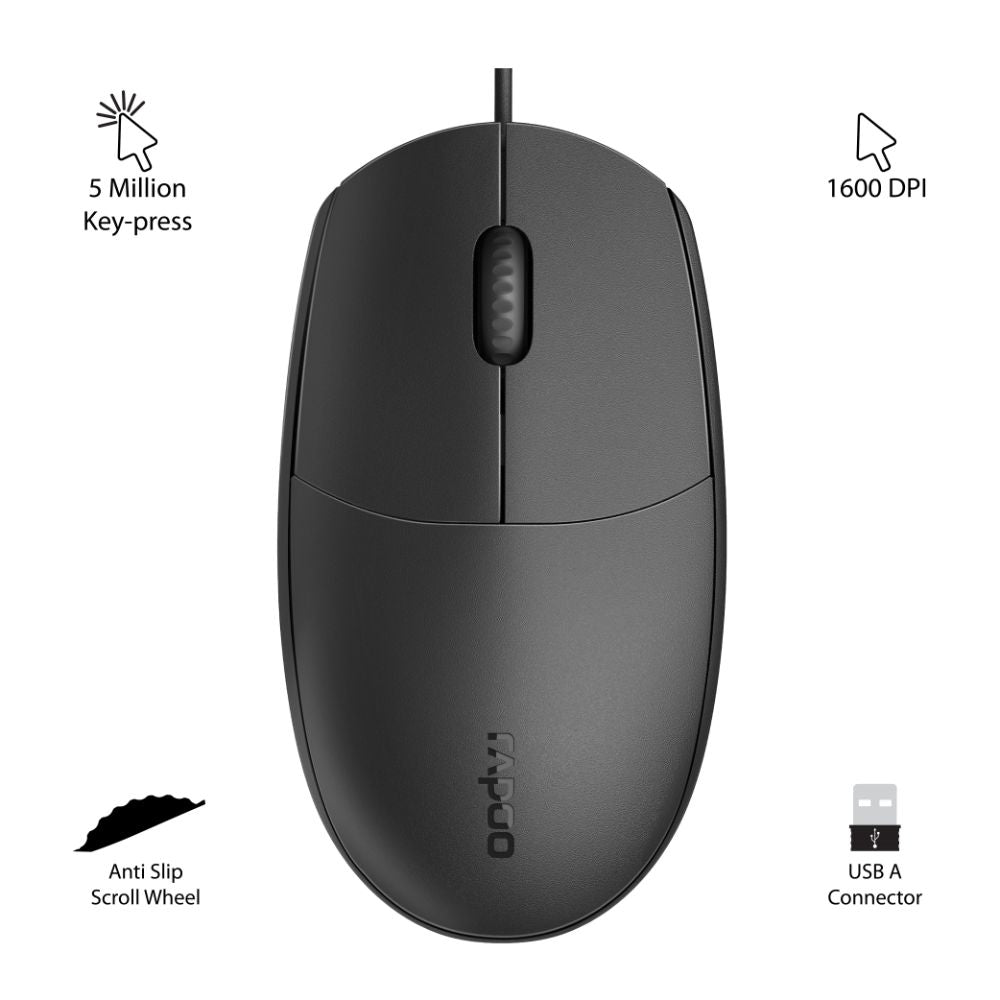 Rapoo N100 Wired USB Mouse, 3 yr Warranty, 1600 DPI Optical Tracking, Ambidextrous PC/Mac/Laptop - Black