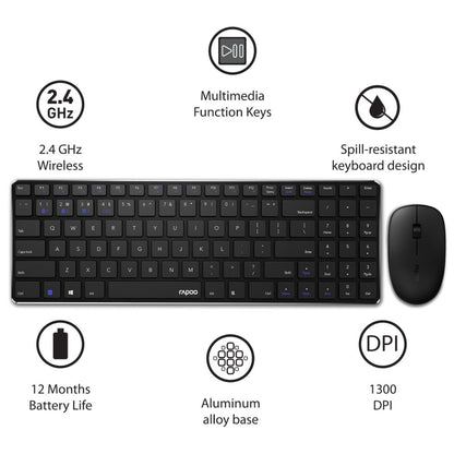 Rapoo 9300m Multi-Device Bluetooth + 2.4Ghz Wireless Keyboard & Mouse Combo Ultra Slim Design, Spill-Resistant, Anodized Aluminum Body Compatible with Windows/PC/Chromebook, 3 Years Warranty - Black