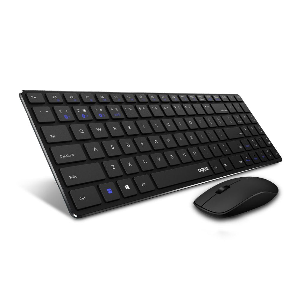 Rapoo 9300m Multi-Device Bluetooth + 2.4Ghz Wireless Keyboard & Mouse Combo Ultra Slim Design, Spill-Resistant, Anodized Aluminum Body Compatible with Windows/PC/Chromebook, 3 Years Warranty - Black