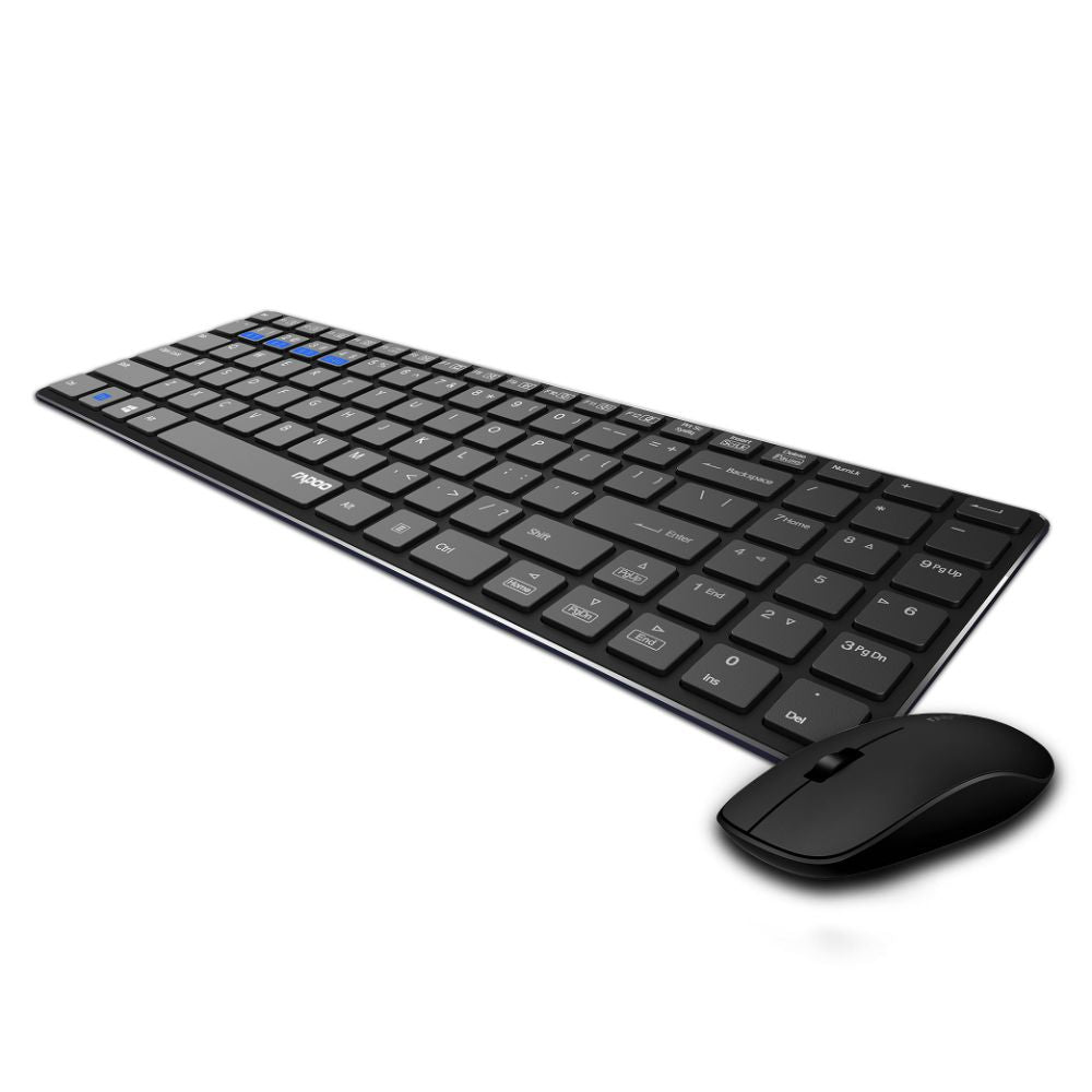 Rapoo 9300m Multi-Device Bluetooth + 2.4Ghz Wireless Keyboard & Mouse Combo Ultra Slim Design, Spill-Resistant, Anodized Aluminum Body Compatible with Windows/PC/Chromebook, 3 Years Warranty - Black