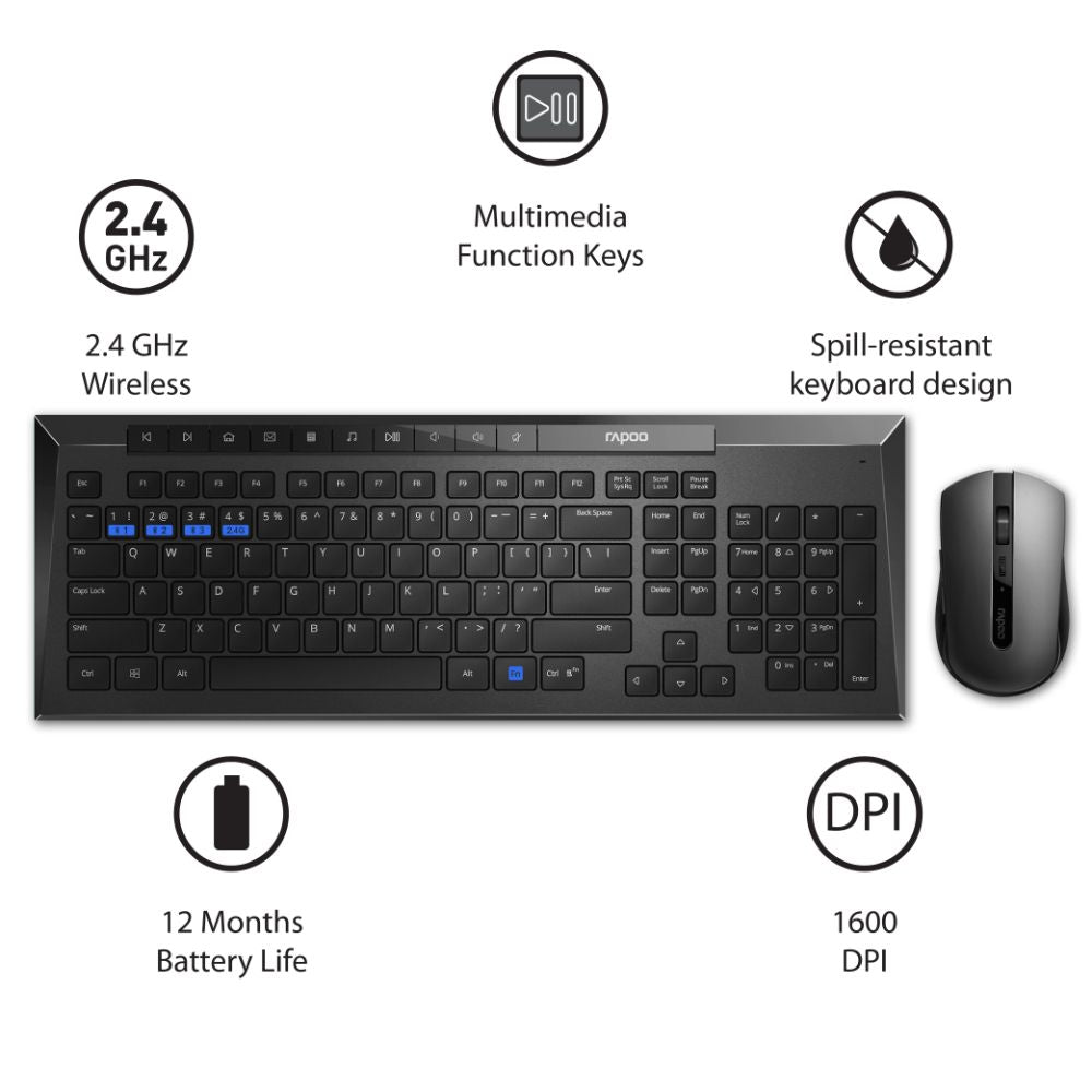 Rapoo 8210M Multi-Mode Keyboard & Mouse Bluetooth 3.0/4.0 Wireless 2.4 GHz 1300 DPI Combo-Black