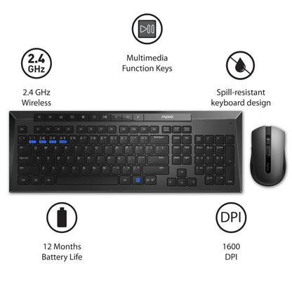 Rapoo 8210M Multi-Mode Keyboard & Mouse Bluetooth 3.0/4.0 Wireless 2.4 GHz 1300 DPI Combo-Black