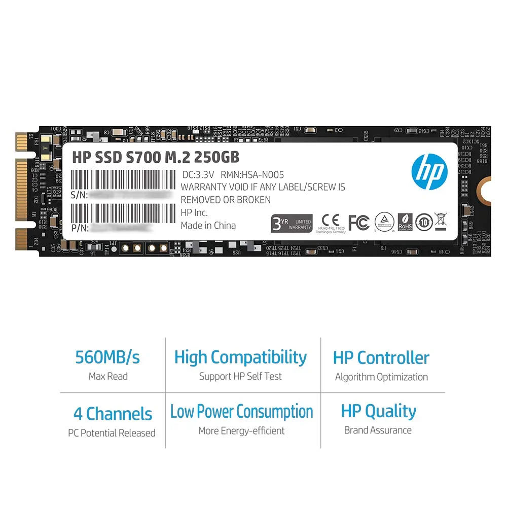 HP S700 M.2 2280 250GB SATA III 3D TLC NAND Internal Solid State Drive 6Gb/s SSD-2LU79AA