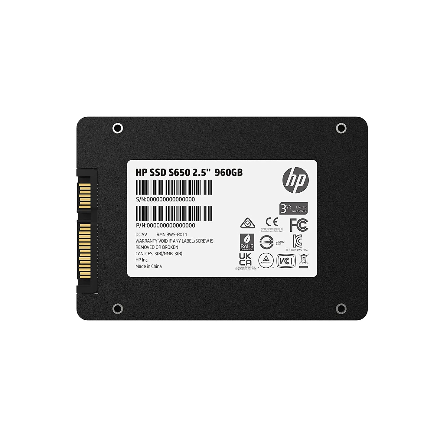 HP SSD S650 2.5 Inch 960GB SATA 1.5 Gb/s Solid State Drive, Black