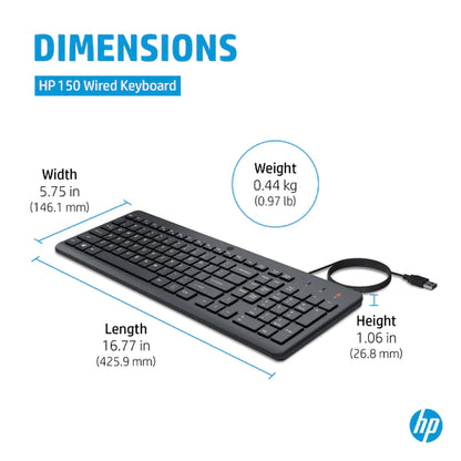 HP 150 Wired Full-Size Keyboard with Low-Profile Quiet Keys