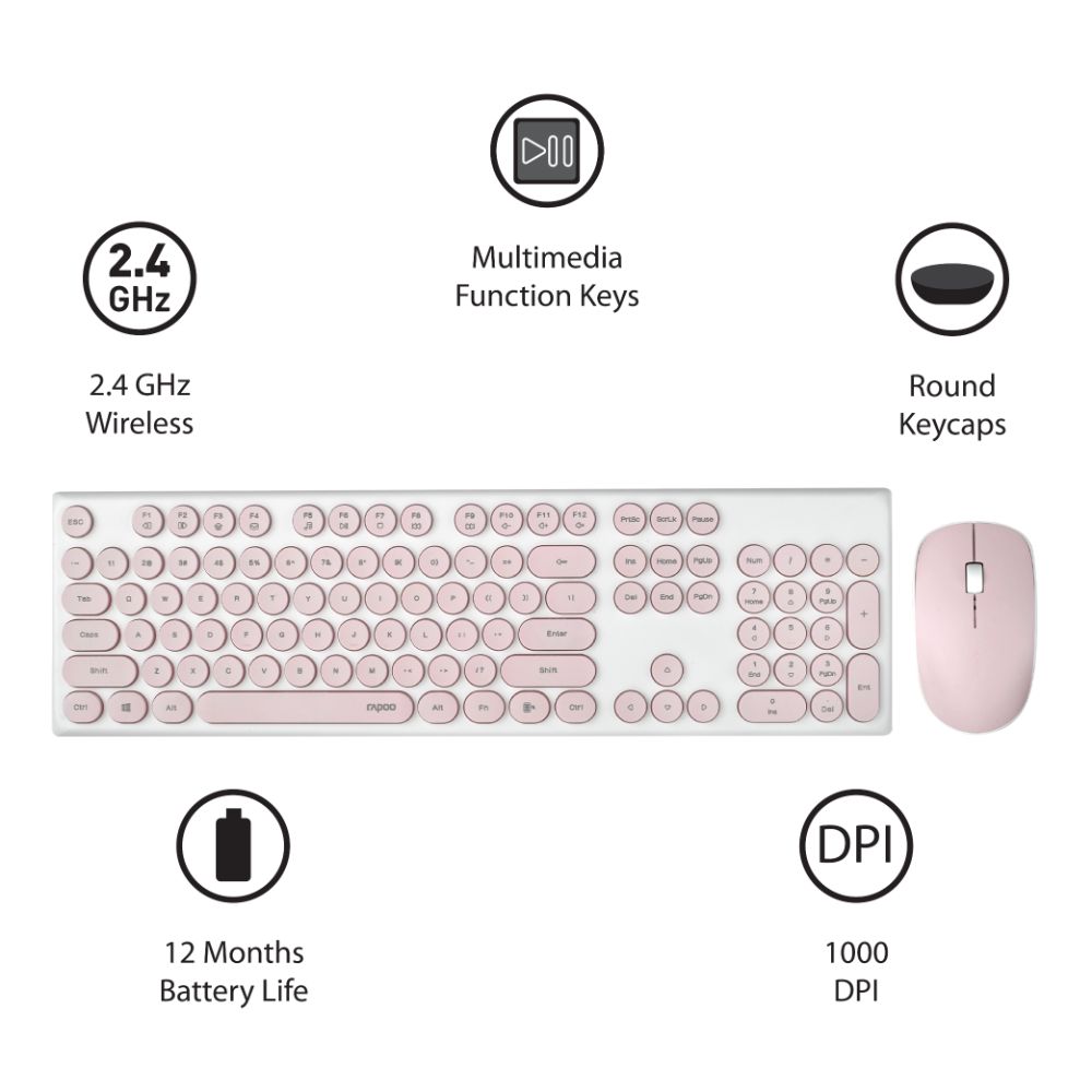 Rapoo X260 Wireless Keyboard and Mouse Combo set 2.4 Ghz with Type Writer Key- Pink