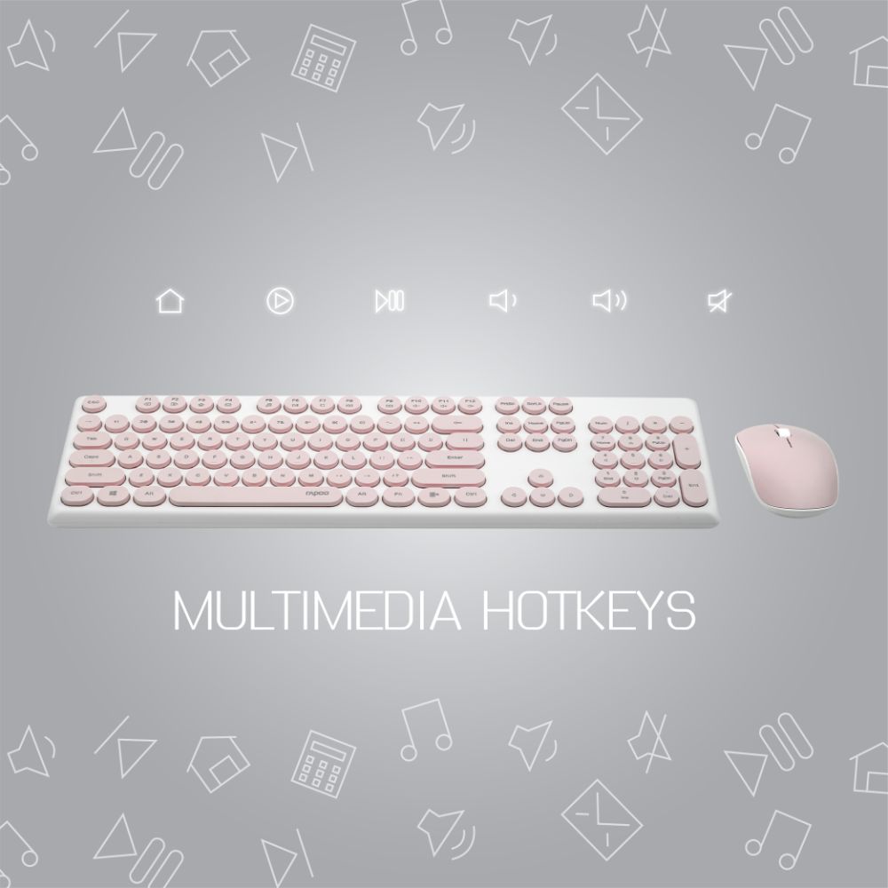 Rapoo X260 Wireless Keyboard and Mouse Combo set 2.4 Ghz with Type Writer Key- Pink