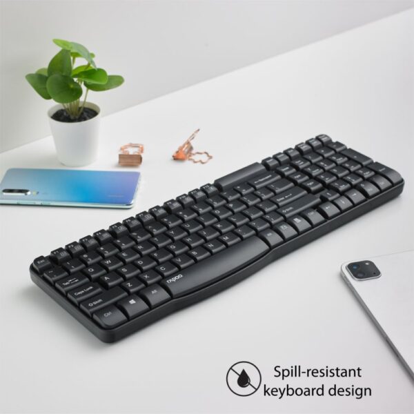 Rapoo E1050 2.4GHz Wireless Optical Keyboard, 10 Meter Transmission Range, Spill-resistant Design, 1000 DPI Mouse, Fn Keys, 12 Multimedia Functions, 3 Years Warranty - Black