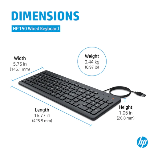 HP 150 Wired Keyboard dimensions